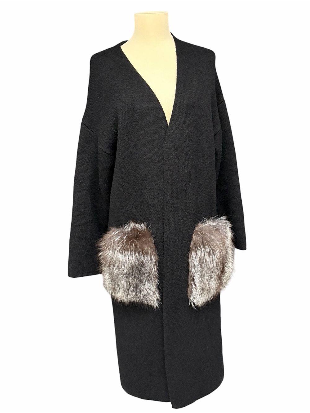 Lucky Sisters Black Wool Longline Coat Cardigan Fur Pockets